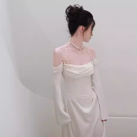 Simple Mermaid Off The Shoulder Long Sleeves White Satin Wedding Dresses C142