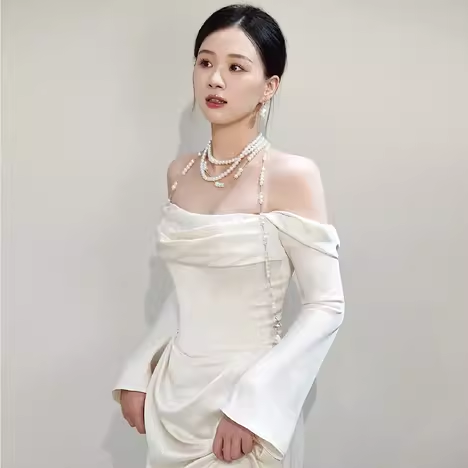 Simple Mermaid Off The Shoulder Long Sleeves White Satin Wedding Dresses C142