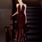 Robe de bal longue sirène sexy, décolleté haut, paillettes, bordeaux, C1440