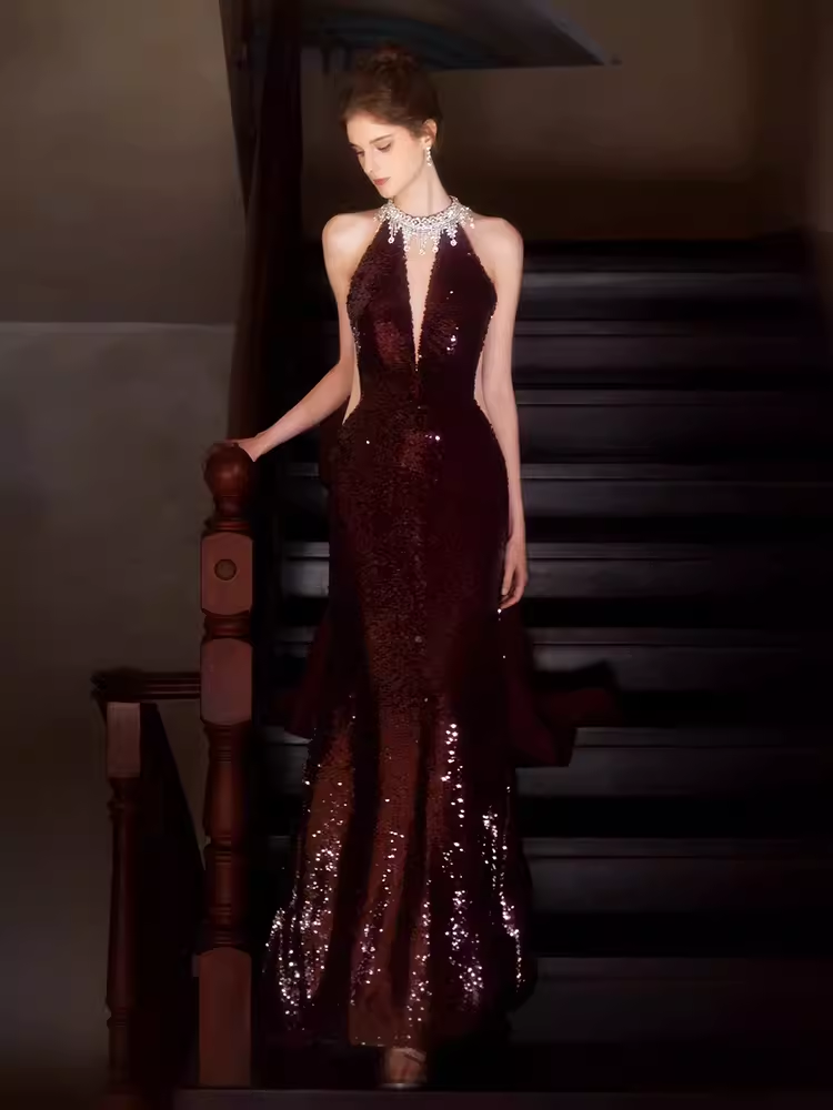 Robe de bal longue sirène sexy, décolleté haut, paillettes, bordeaux, C1440