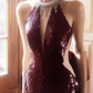 Robe de bal longue sirène sexy, décolleté haut, paillettes, bordeaux, C1440