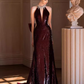 Robe de bal longue sirène sexy, décolleté haut, paillettes, bordeaux, C1440