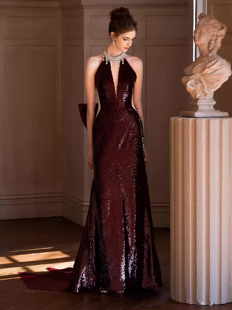 Robe de bal longue sirène sexy, décolleté haut, paillettes, bordeaux, C1440