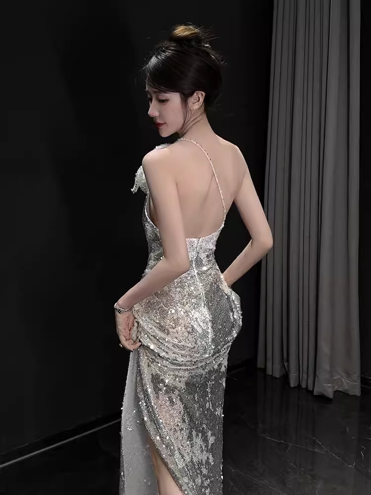 Sexy Mermaid One Shoulder Silver Sequin Long Prom Dress C1444
