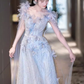 Fairytale A line Straps Sequin Beads Long Evening Dress Prom Dresses With Flowers C1449