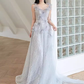 Fairytale A line Straps Sequin Beads Long Evening Dress Prom Dresses With Flowers C1449