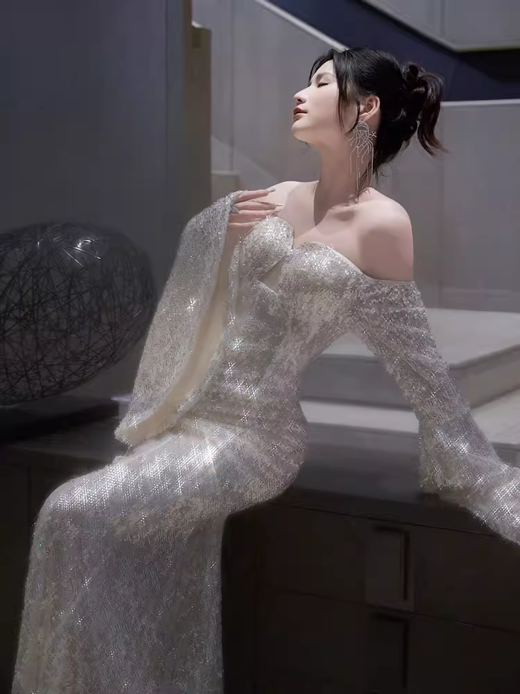 Sexy Mermaid Off The Shoulder Silver Sequin Long Prom Dress C1452