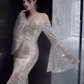 Sexy Mermaid Off The Shoulder Silver Sequin Long Prom Dress C1452