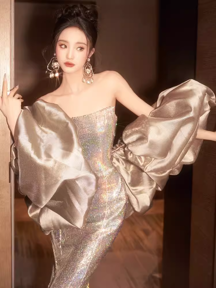 Sexy Mermaid Strapless Sequin Long Prom Dresses With Sleeves C1454