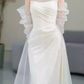 White Mermaid Strapless Satin Wedding Dress With Sleeves C1455