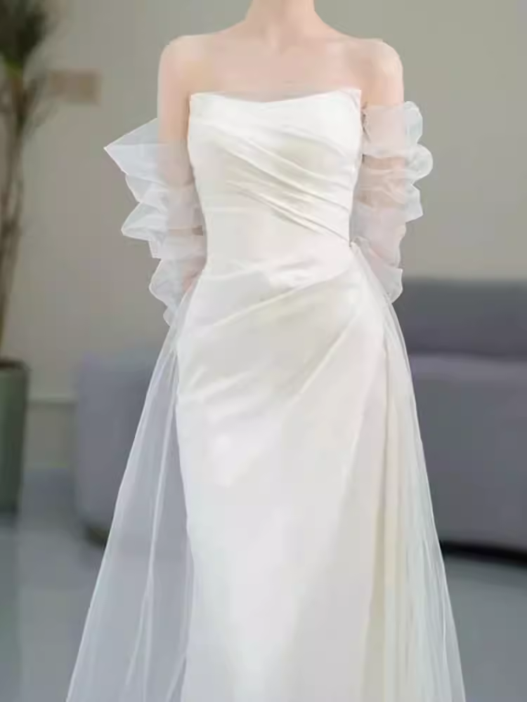 White Mermaid Strapless Satin Wedding Dress With Sleeves C1455