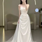 White Mermaid Strapless Satin Wedding Dress With Sleeves C1455