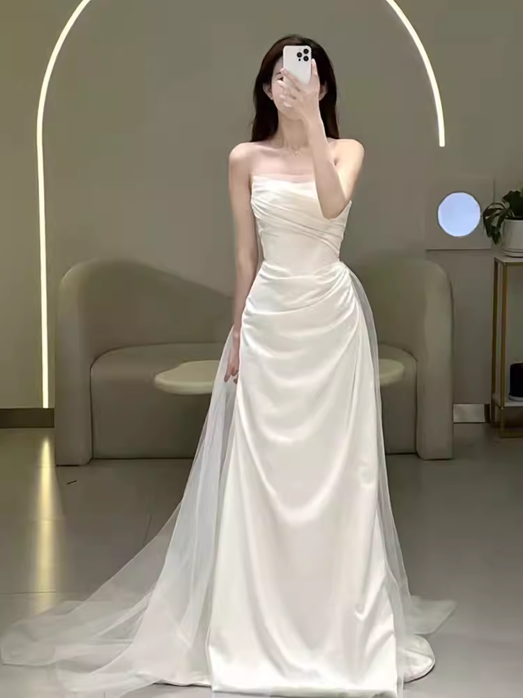 White Mermaid Strapless Satin Wedding Dress With Sleeves C1455