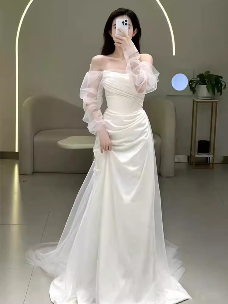 White Mermaid Strapless Satin Wedding Dress With Sleeves C1455
