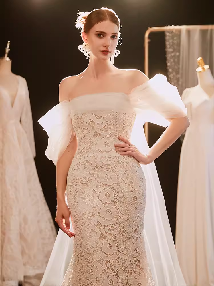 Vintage Mermaid Strapless Lace Wedding Dress With Short Sleeves C1456