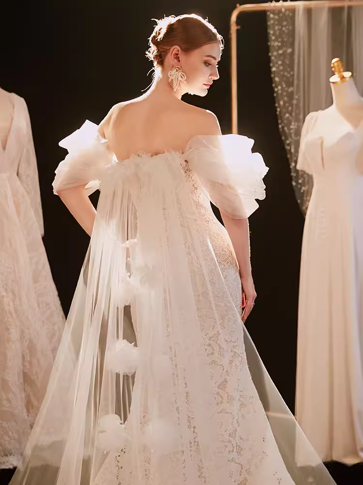 Vintage Mermaid Strapless Lace Wedding Dress With Short Sleeves C1456