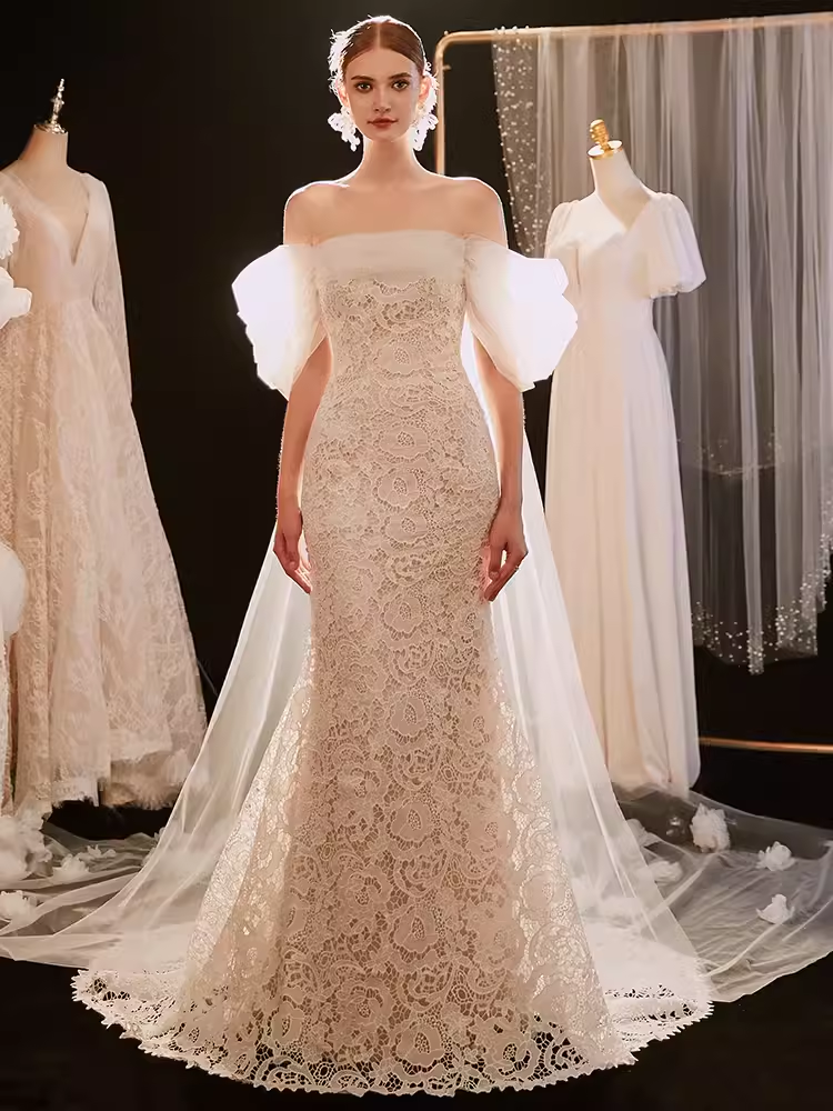 Vintage Mermaid Strapless Lace Wedding Dress With Short Sleeves C1456