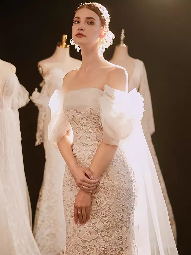 Vintage Mermaid Strapless Lace Wedding Dress With Short Sleeves C1456
