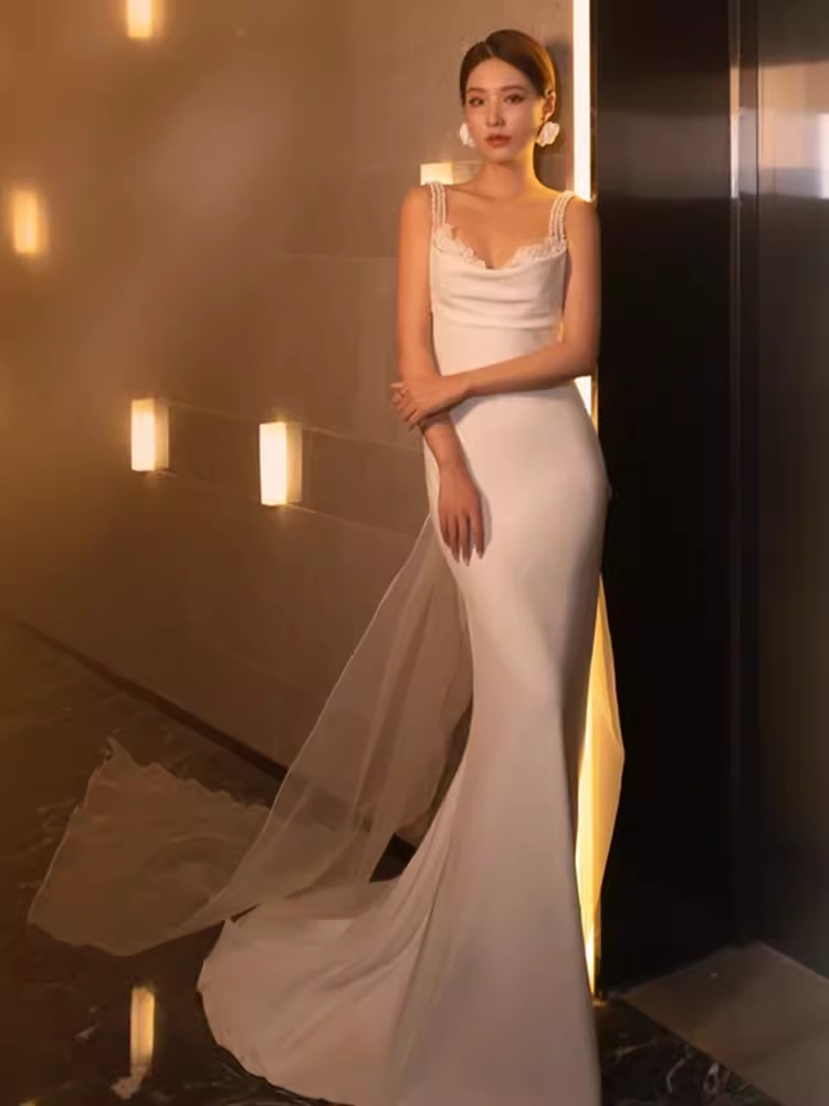 Chic Mermaid Straps Satin White Wedding Dress With Pearls C1458