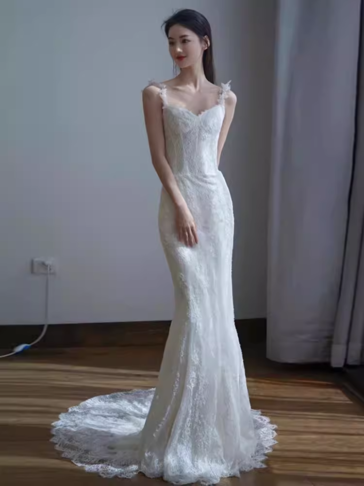 Vintage Mermaid Straps Lace White Wedding Dress Brides Dresses C1463