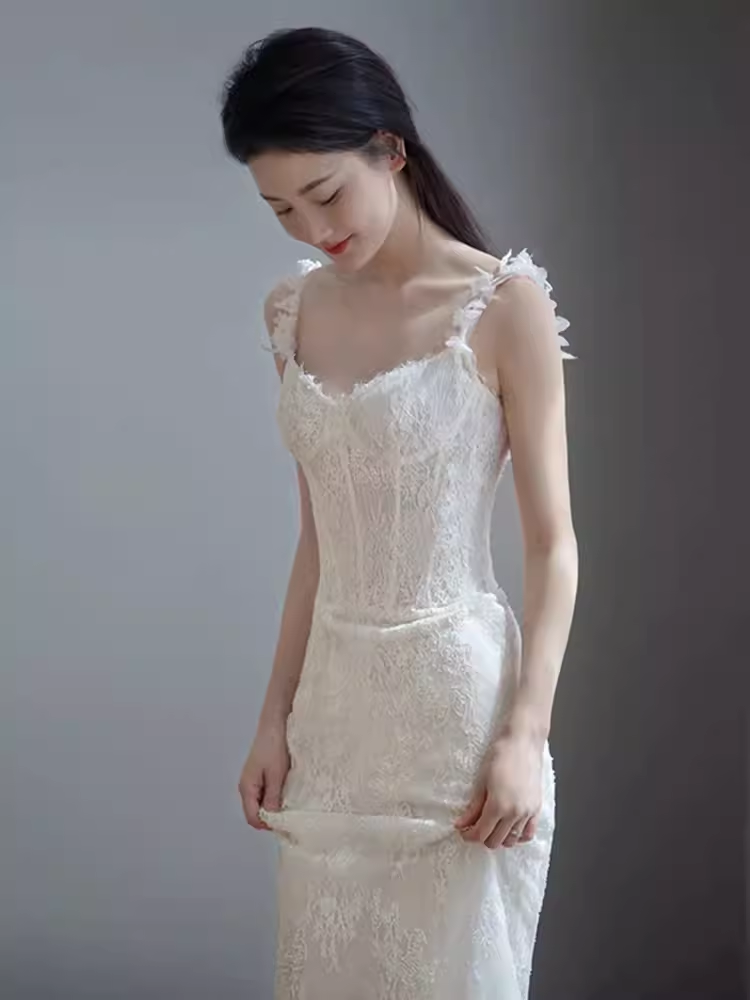 Vintage Mermaid Straps Lace White Wedding Dress Brides Dresses C1463