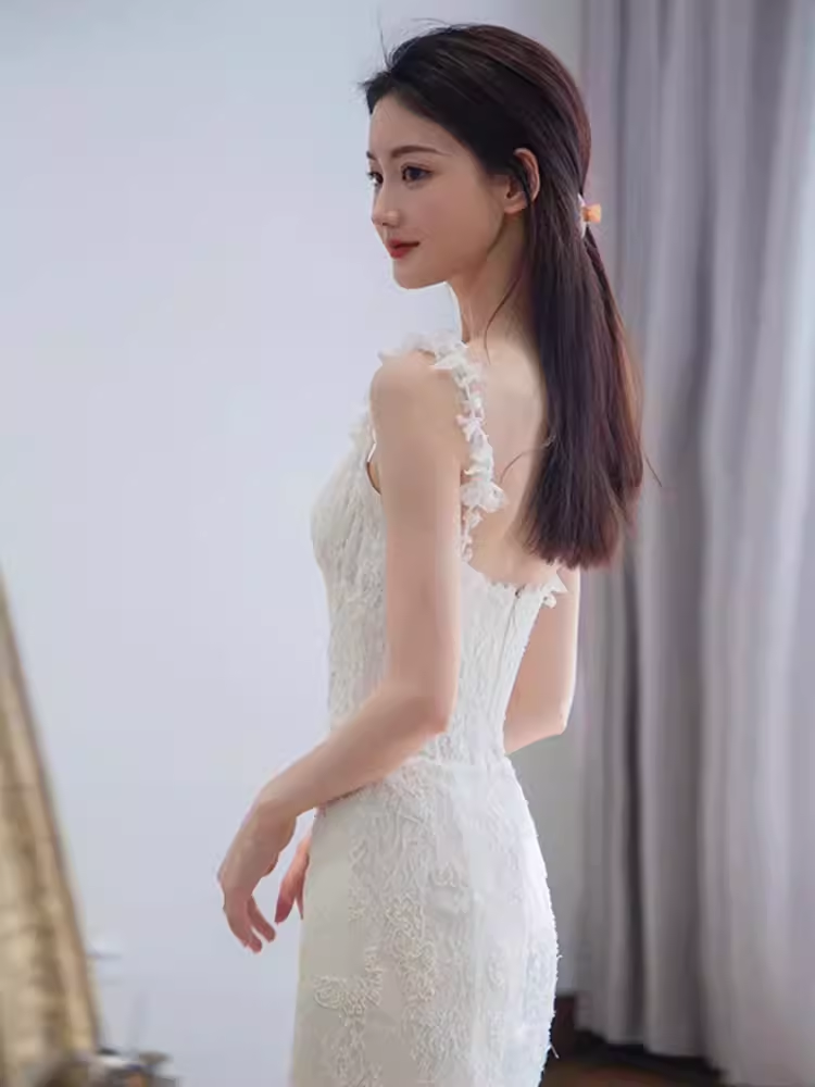 Vintage Mermaid Straps Lace White Wedding Dress Brides Dresses C1463