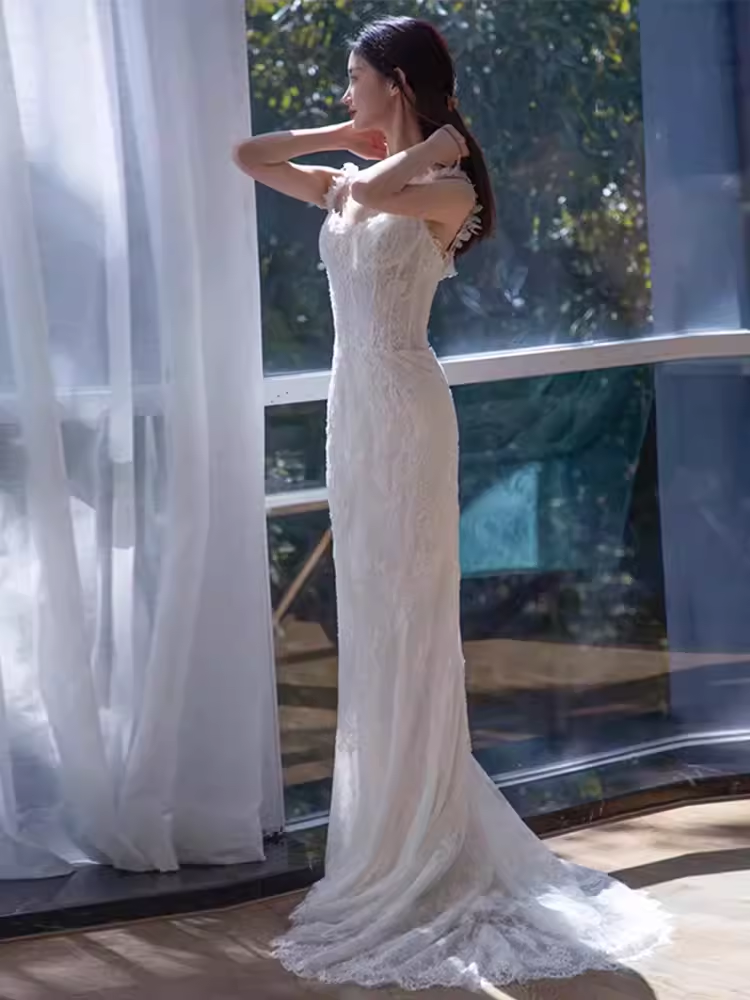 Vintage Mermaid Straps Lace White Wedding Dress Brides Dresses C1463