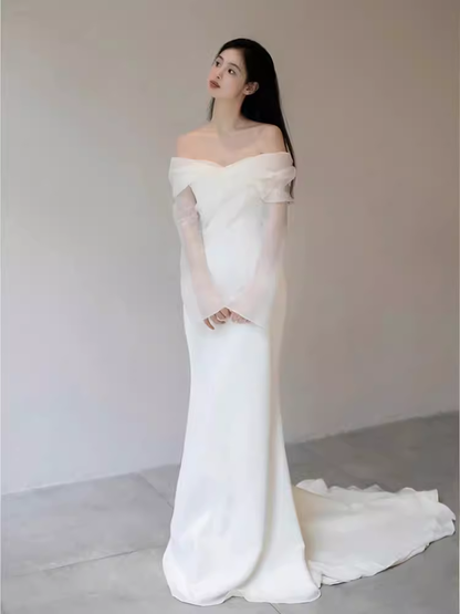 Chic Mermaid Off The Shoulder White Wedding Dress With Long Sleeves C1468