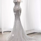 Luxury Mermaid Off The Shoulder Short Sleeves Silver Sequin Wedding Dresses C146