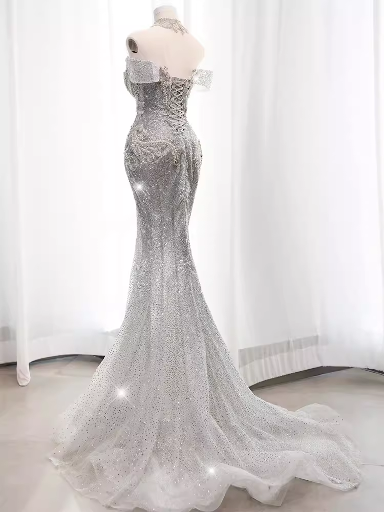 Luxury Mermaid Off The Shoulder Short Sleeves Silver Sequin Wedding Dresses C146