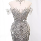 Luxury Mermaid Off The Shoulder Short Sleeves Silver Sequin Wedding Dresses C146