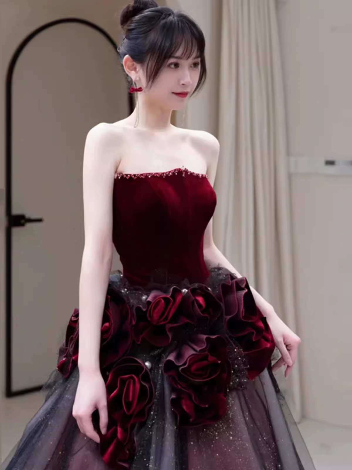 Sexy Ball Gown Strapless Velvet Burgundy Tulle Flowers Long Prom Dresses C1487