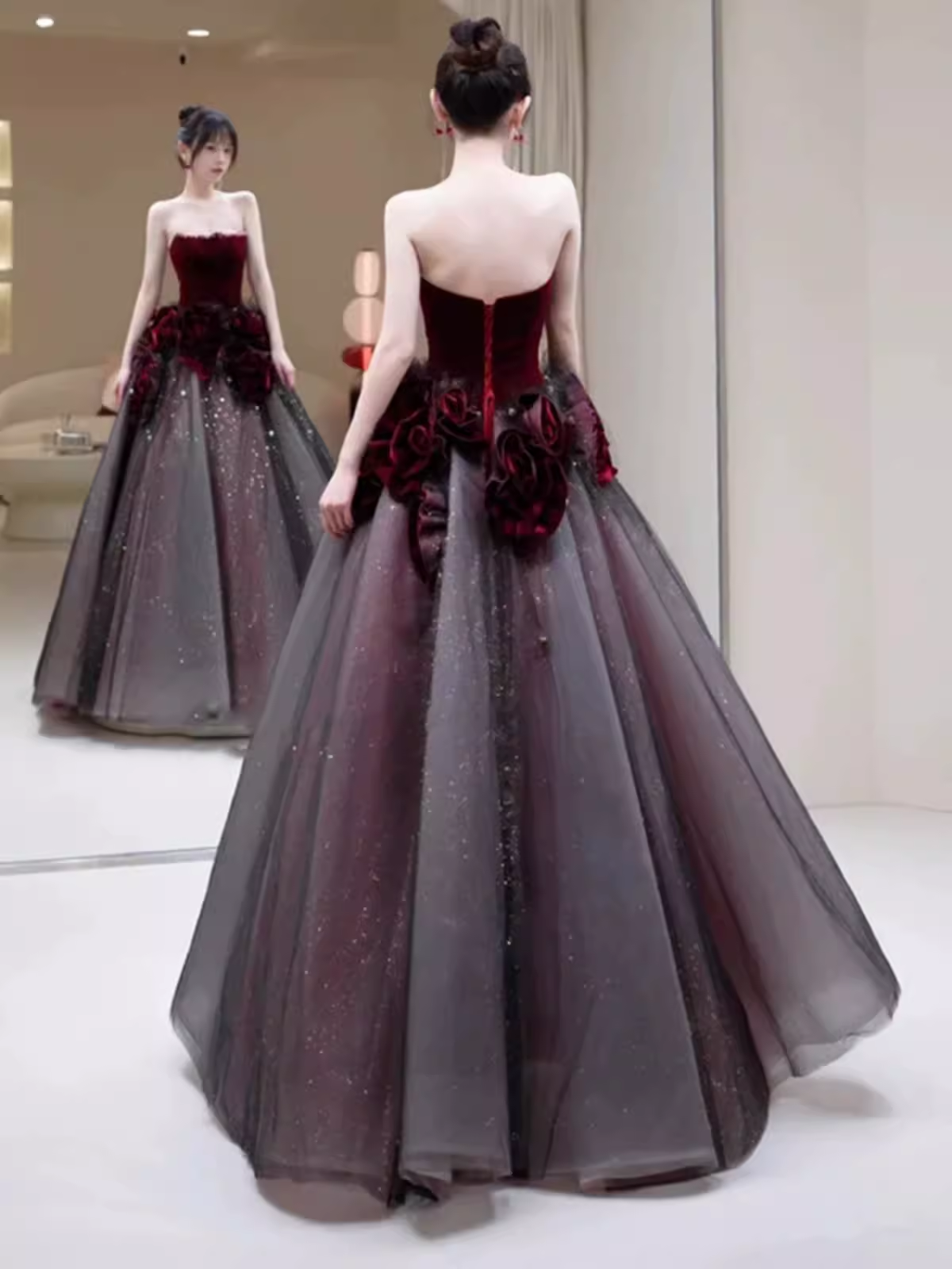 Sexy Ball Gown Strapless Velvet Burgundy Tulle Flowers Long Prom Dresses C1487