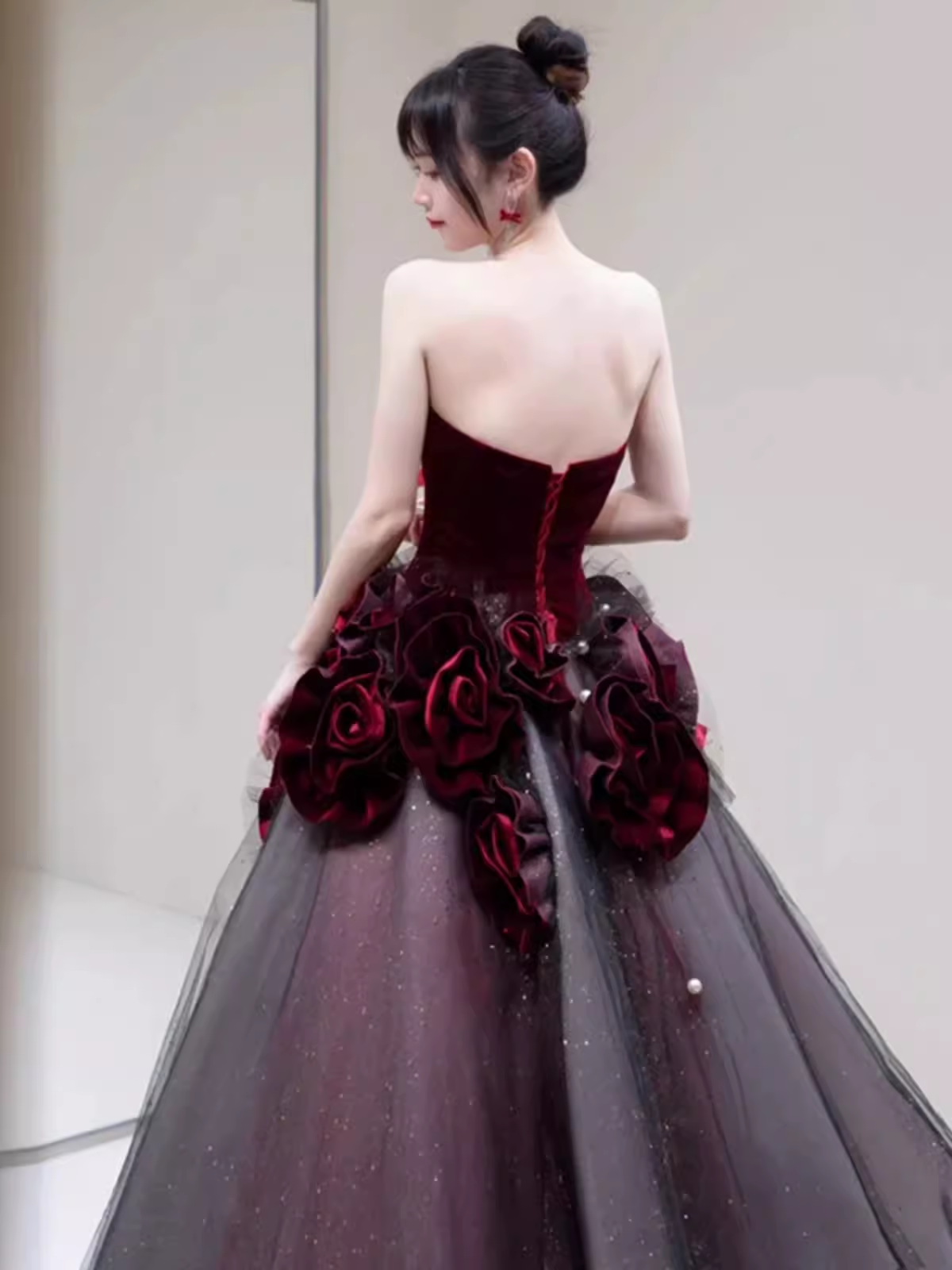 Sexy Ball Gown Strapless Velvet Burgundy Tulle Flowers Long Prom Dresses C1487