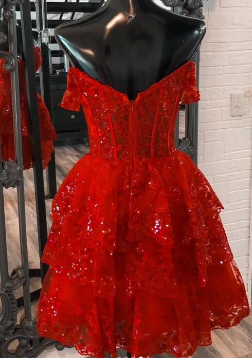 Robe de soirée trapèze en tulle à sequins avec corsage en corset transparent et jupe à volants C1505