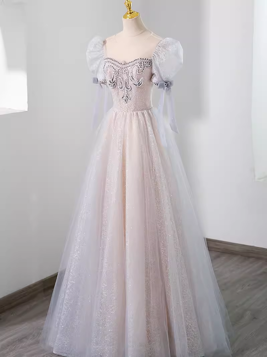 Pretty A Line Scoop Short Puffy Sleeves Pink Tulle Beads Long Prom Dresses C1508