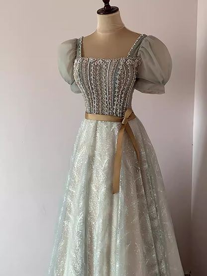 Pretty A Line Square Neckline Tulle Sequin Beads Long Prom Dresses C1510