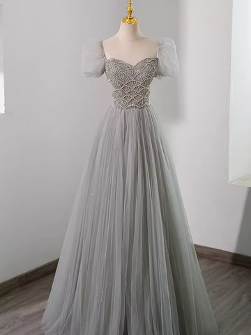 Dark Grey Beadings Tulle Long Prom Dresses LBQ1701