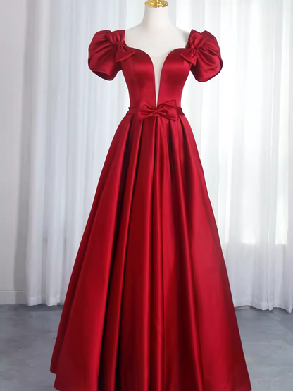 Pretty A Line Short Sleeves Satin Burgundy Long Prom Dresses C1515