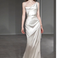 Vintage Sheath Irregular Neckline Satin White Wedding Dress C1597