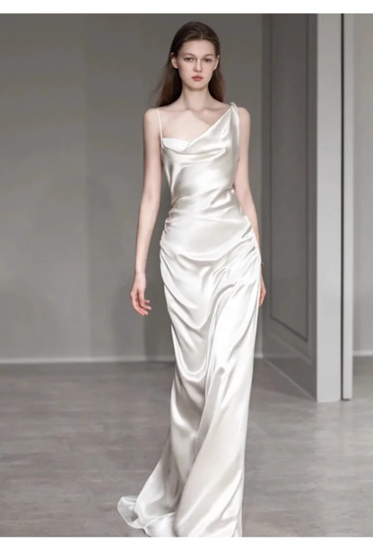 Vintage Sheath Irregular Neckline Satin White Wedding Dress C1597