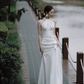 Vintage Sheath Halter Satin White Backless Wedding Dresses C1599