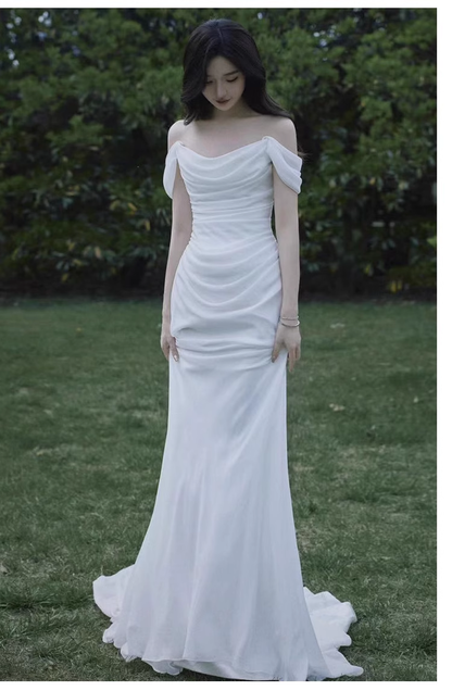 Sexy Mermaid Off The Shoulder White Long Wedding Dresses With Ribbon C1601