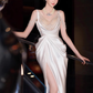 Sexy Mermaid Straps White Pearls Slit Long Wedding Dresses C1607