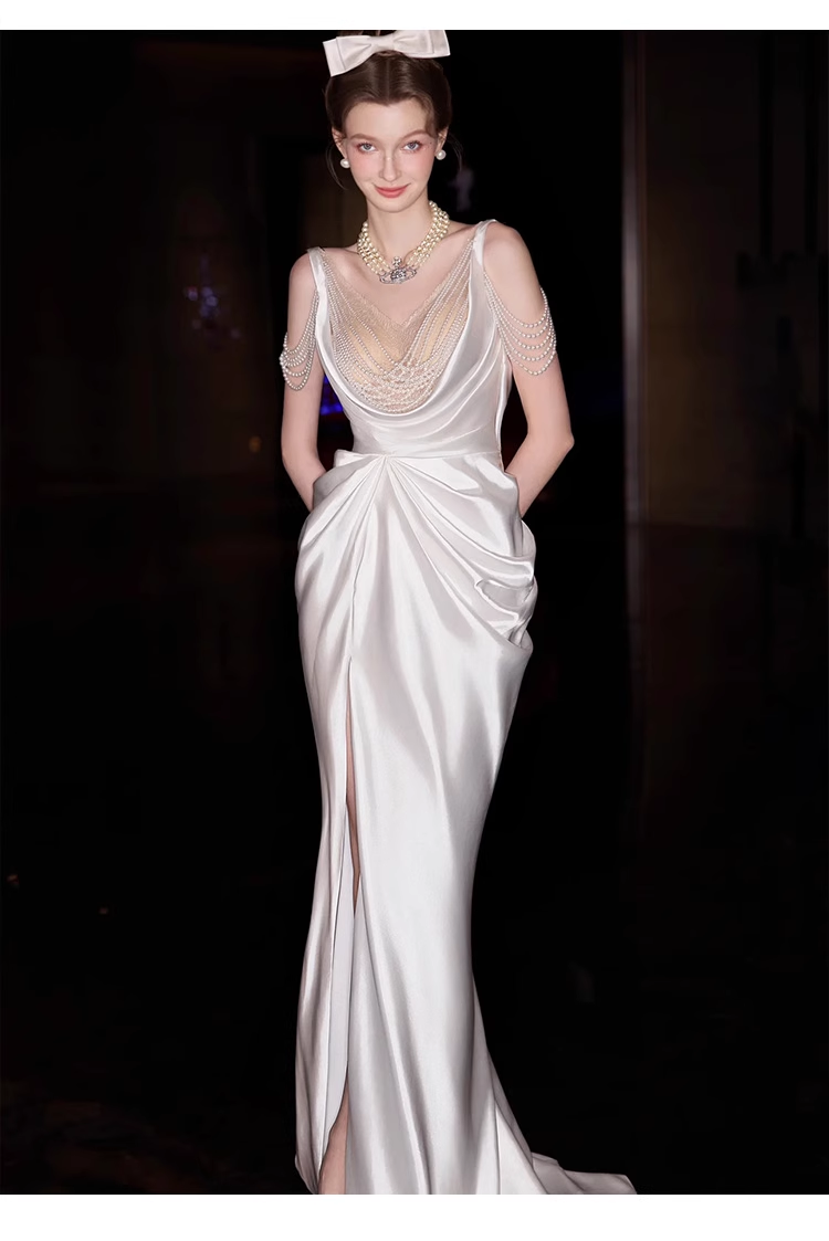 Sexy Mermaid Straps White Pearls Slit Long Wedding Dresses C1607