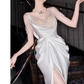 Sexy Mermaid Straps White Pearls Slit Long Wedding Dresses C1607
