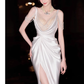 Sexy Mermaid Straps White Pearls Slit Long Wedding Dresses C1607