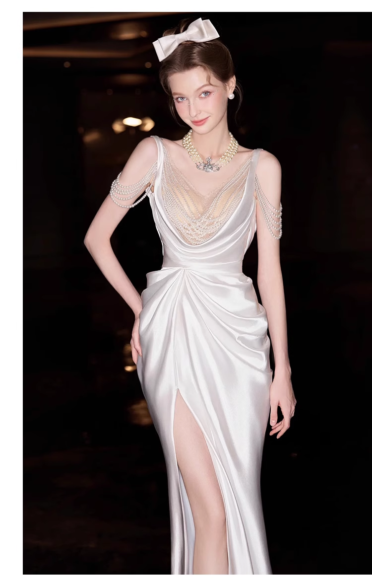 Sexy Mermaid Straps White Pearls Slit Long Wedding Dresses C1607