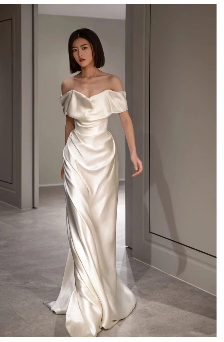 Sexy Sheath Off The Shoulder Short Sleeves Satin Long Wedding Dresses With Ruffles C1615