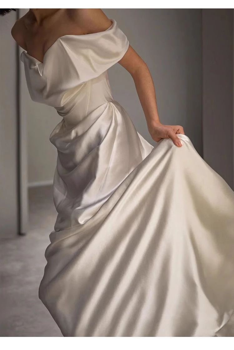 Sexy Sheath Off The Shoulder Short Sleeves Satin Long Wedding Dresses With Ruffles C1615